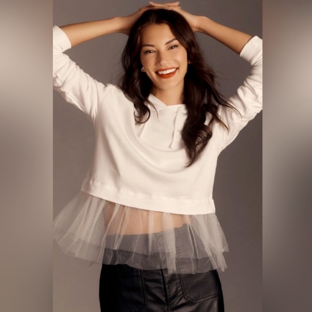 Anthropologie Pilcro Tulle Hoodie Top |  White Large